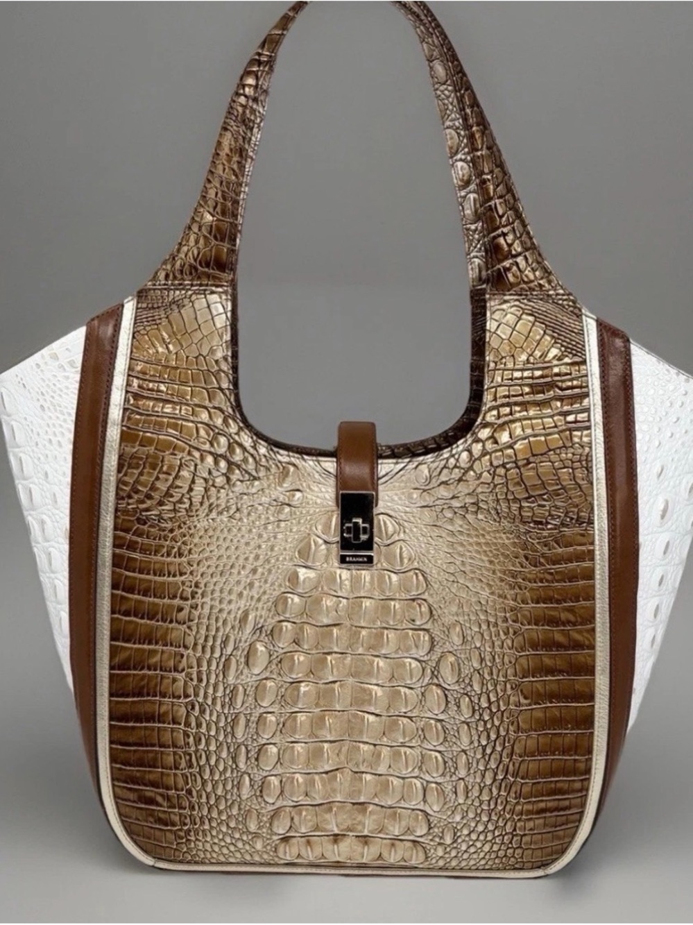 BRAHMIN Carla Tote Cappuccino Shoreham Melbourne Leather Croc Embossed Bag Purse